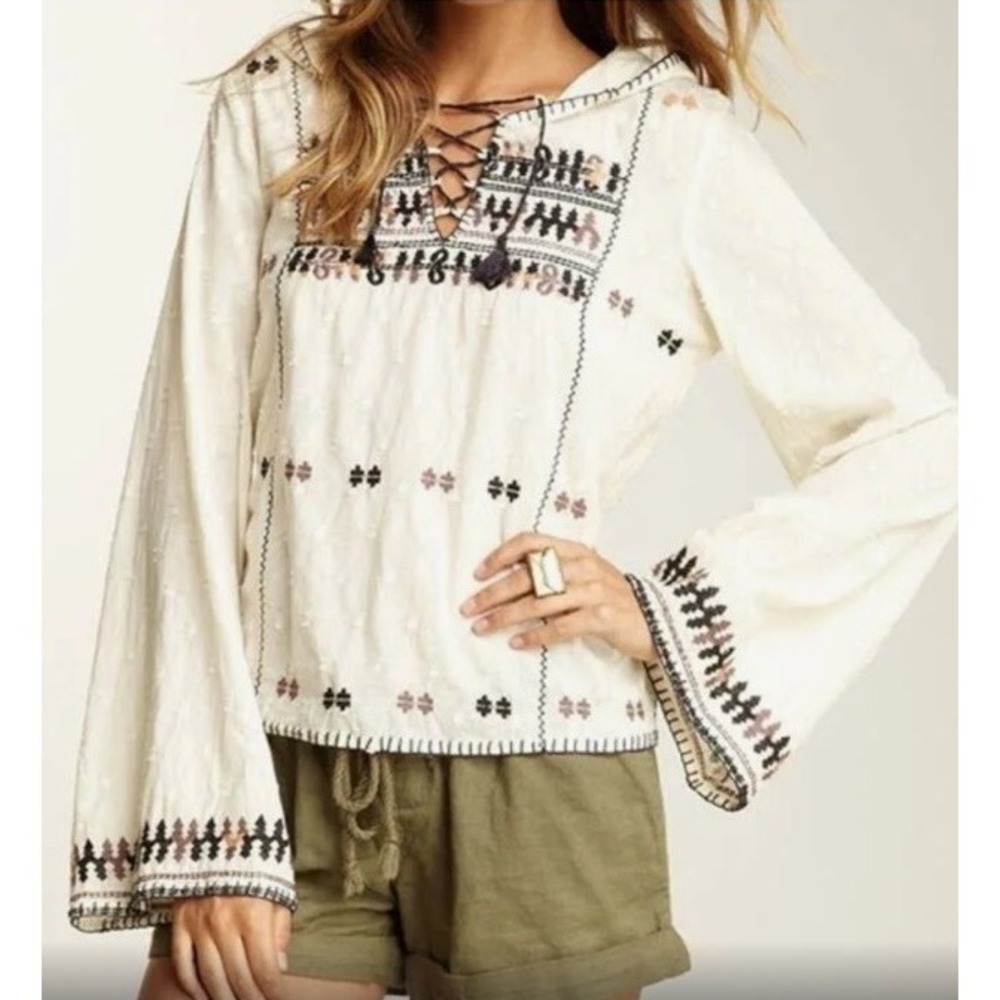 Free People Playa del Ray Ivory Embroidered Hooded Top S Boho